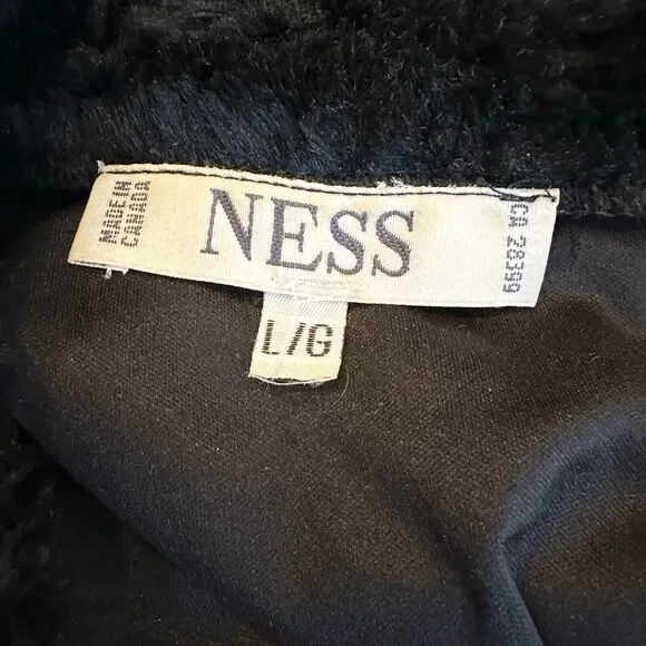 NESS Top Women L Black Silver Faux Fur Trimmed Turtleneck Sheer Regency Glam - Picture 7 of 8